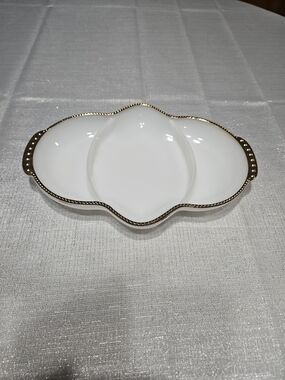 Fire King Milk Glass Divided Serving Dish with Gold Trim